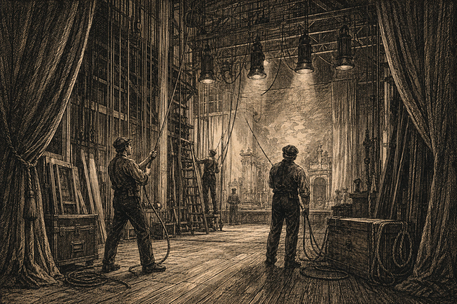 Vintage engraved illustration of professional stagehands working backstage